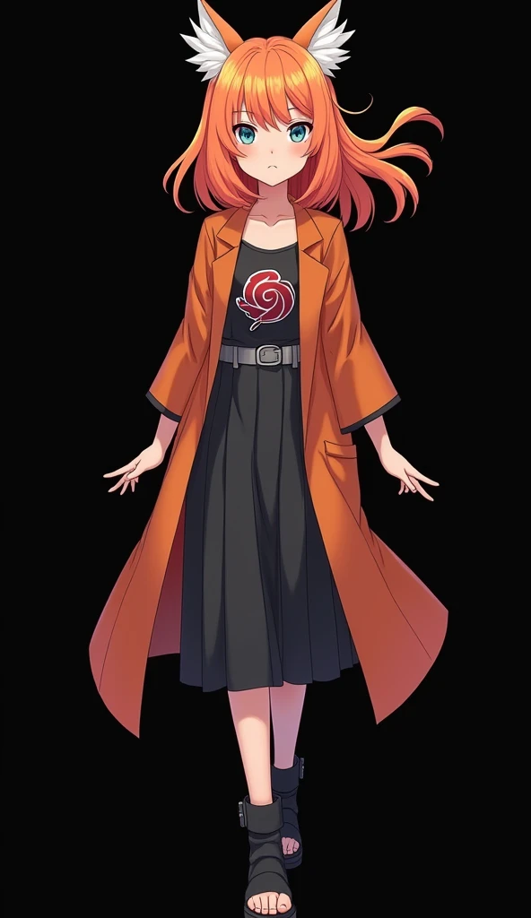 Character created by the manga artist Masashi Kishimoto in anime style inspired by Naruto,  girl with a slender and beautiful full body fair skin with red fiery orange hair and very smooth with two white locks highlighted on the front, similar to those of ...