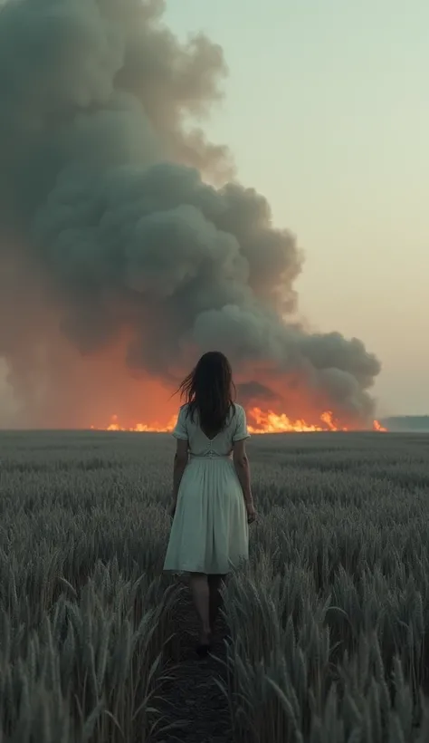 Photorealistic horror scene of a desolate wheat field burning, with ashen gray wheat stalks, a lone woman in a pale dress viewed from behind, smoke-filled apocalyptic sky with bruise-like storm clouds, extreme detail in texture, capturing the moment of abs...