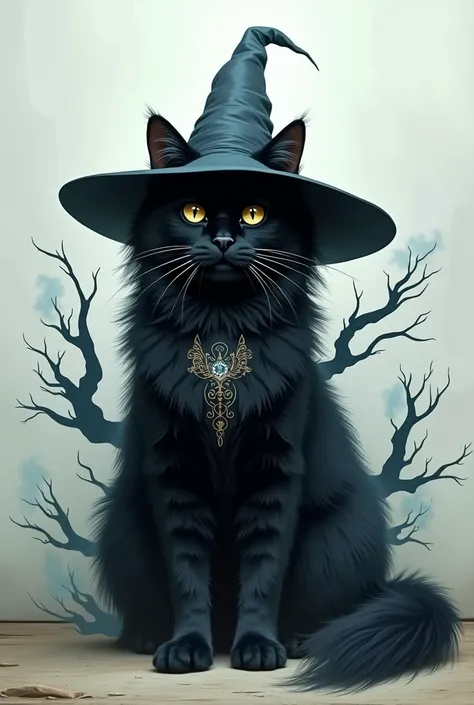 Black Cat, big long fur, witch hat, big magic smoke, branches from Cat, iperrealistic style, white wallpaper, magic Cat, tattoo