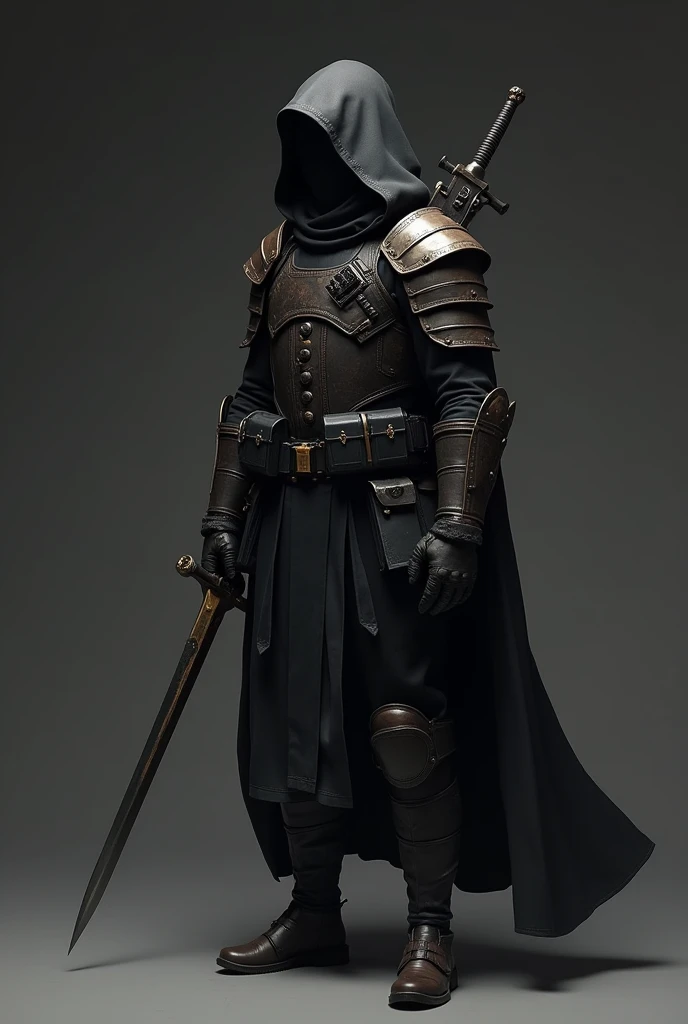 Modern soldier with an agile and not robust appearance and also with a medieval cape, which cannot touch the ground, with a black hood covering his face and long sword., Also make him modern military armor with military license plate holder and ammunition ...