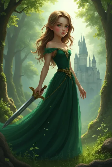 À fae princess wearing a dark green gown holding a sword...oval face,dark green eyes,shoulder length light brown wavy hair...pale...in a forest in front of the castle,chuby cheeks