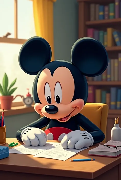 Mickey Mouse does his  homework after school