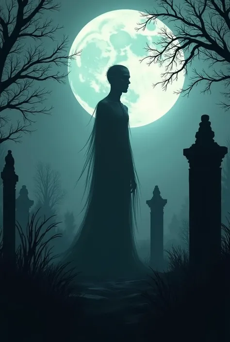 Generate an image of a silhouette of a man coming out of the ground.  The setting is a cemetery at night under moonlight. The silhouette is very thin . 