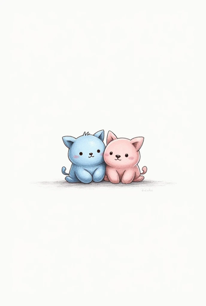 En dessins tout simple deux petites peluches un bleu l’autre rose juste au crayon le fond est blanc 