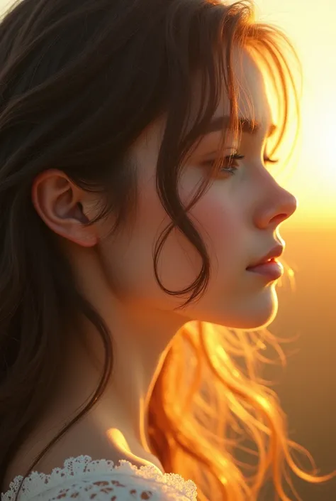 A pretty girl not showing face facing the sun light and light passing through her hair