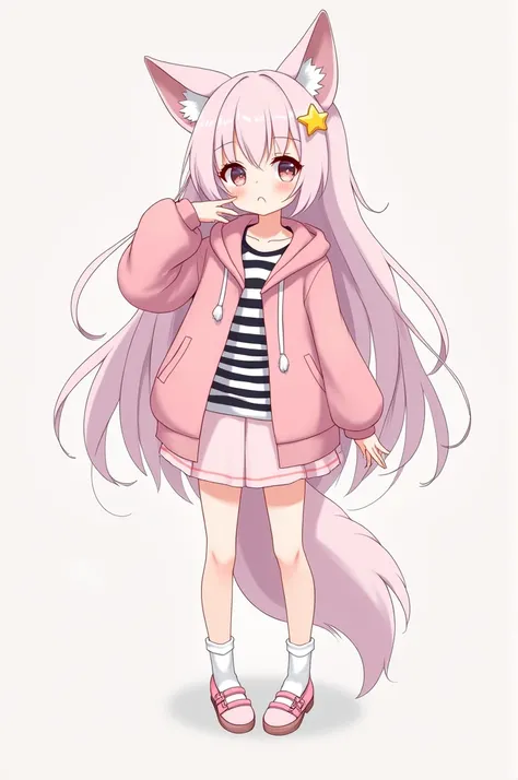  long pastel pink hair girl with bangs, wolf ears and wolf tail ,  pastel pink hoodie short sweatshirt ,  a black striped shirt , pastel pink short skirt , mary jane shoes