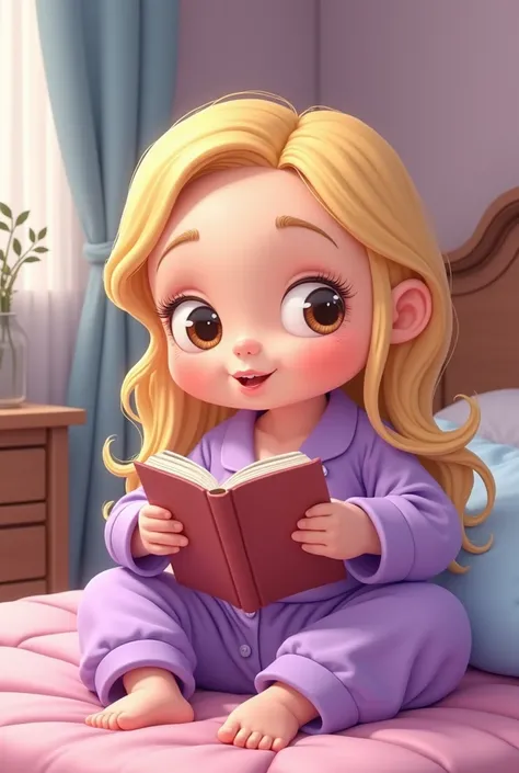  cartoon of a baby woman with a big head reading a book in sexy purple pajamas in her room with super big breasts, almost coming out of her super big pajamas ,  the woman has slanted brown eyes ,  big lips and ashy yellow hair and very smooth and long and ...