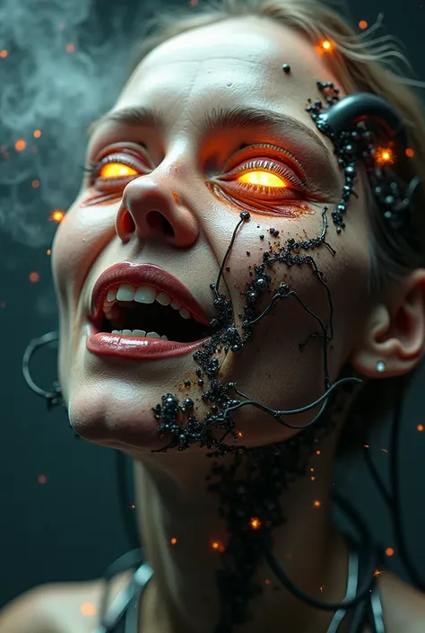 Animate a face imploding into a biomechanical mess: flesh collapses inward, replaced by writhing cables and sharp metallic growths. The teeth fall out, replaced by glowing shards of glass, while the eyes bleed black oil that pools into circuits crawling ac...