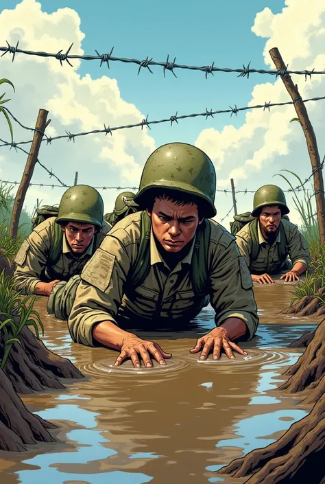  Soldiers in a creeping training ,  lying on the ground as they advanced slowly under stretched barbed wire low above their heads . They wear beige camouflage uniforms and beige ,  now covered with mud due to the soaked terrain .  The expressions of the so...