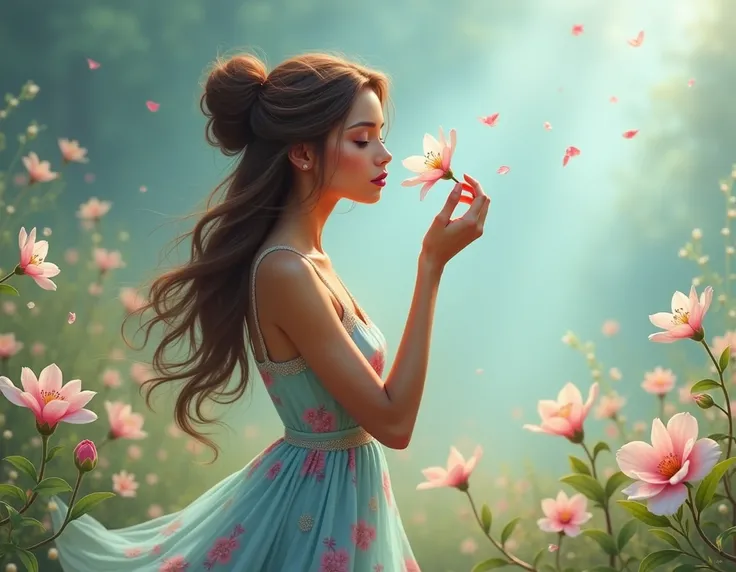  create a drawing of a  with hair tied all in a bun, From the side blowing a flower ,  dressed in a little blue and pink dress full of flowers , Barefoot with brown skin and brown hair 