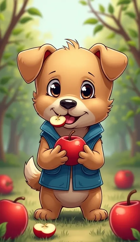 Draw a picture of a small, short-haired, light brown dog wearing a blue vest. He is holding a red apple with a bite in his mouth. The surrounding environment is an orchard, with several apples scattered across the floor, some whole and others damaged. The ...