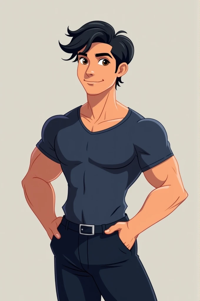 Create a cartoon-style character based on a fair-skinned young man,  brown eyes ,  wavy black hair ,  and include a subtle birthmark below the mouth .  The character must be muscular , strong and attractive,  representing a personal evolution objective .  ...