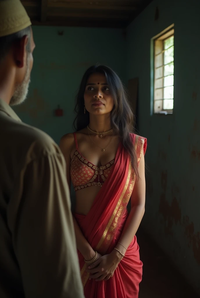 Top pov. Photo of  Voluptuous Indian Aunty with dusky skin, Wearing low cut casual and transparent saree showing small boobs Breasts, Standing inside a poor room, showing her her boobs to muslim old man standing in front of her. Muslim oldman pov  clearly ...