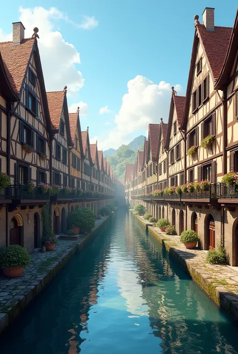 European 4-story city ,  there is a canal with water in the middle,  on the sides of the building 