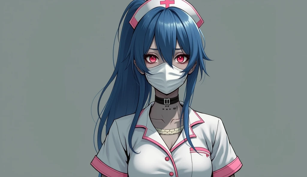  blood-red eyes with cross-shaped pupils ,  blue hair with several large bangs covering the forehead and right eye 、 tied to a pointed ponytail , Grayish skin and .  wearing a bandaged eyepatch on the right eye , Covered in scars, thin,  vertical scar on t...