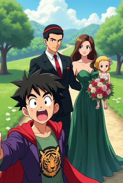  A young Jewish Saiyan with brown hair ,  wearing an all-black suit , black dress shirt and red tie , wearing a black kippah , and a red cape, And your fiancée ,  a girl with long brown hair and a green dress ,  at your wedding ,  with their daughter ,  a ...