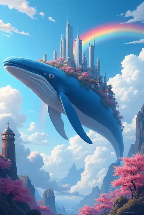 A highly detailed digital painting of a giant blue whale soaring through a vibrant sky, carrying a bustling metropolis on its back. The city is a blend of futuristic and steampunk architecture, with towering skyscrapers and quaint houses adorned with cherr...