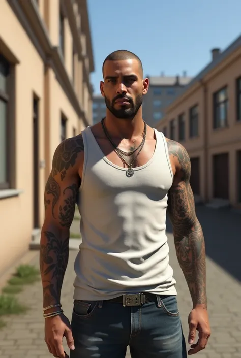 arafed man with tattoos and a white tank top standing in a courtyard, a screenshot inspired by Viktor Oliva, cg society contest winner, realism, second life avatar, imvu, as a character from gtav, gta in moscow, secondlife, upper body avatar, gta character...