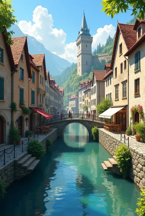  A street separated by a river , canal ,  is a modest European stone city