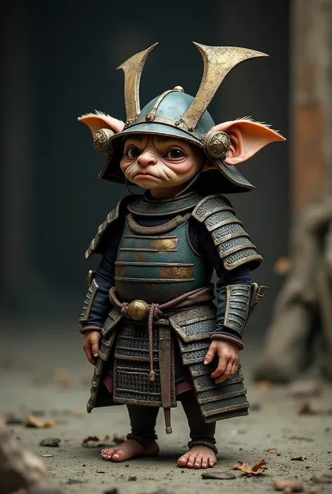 A goblin in traditional samurai armor wears out 