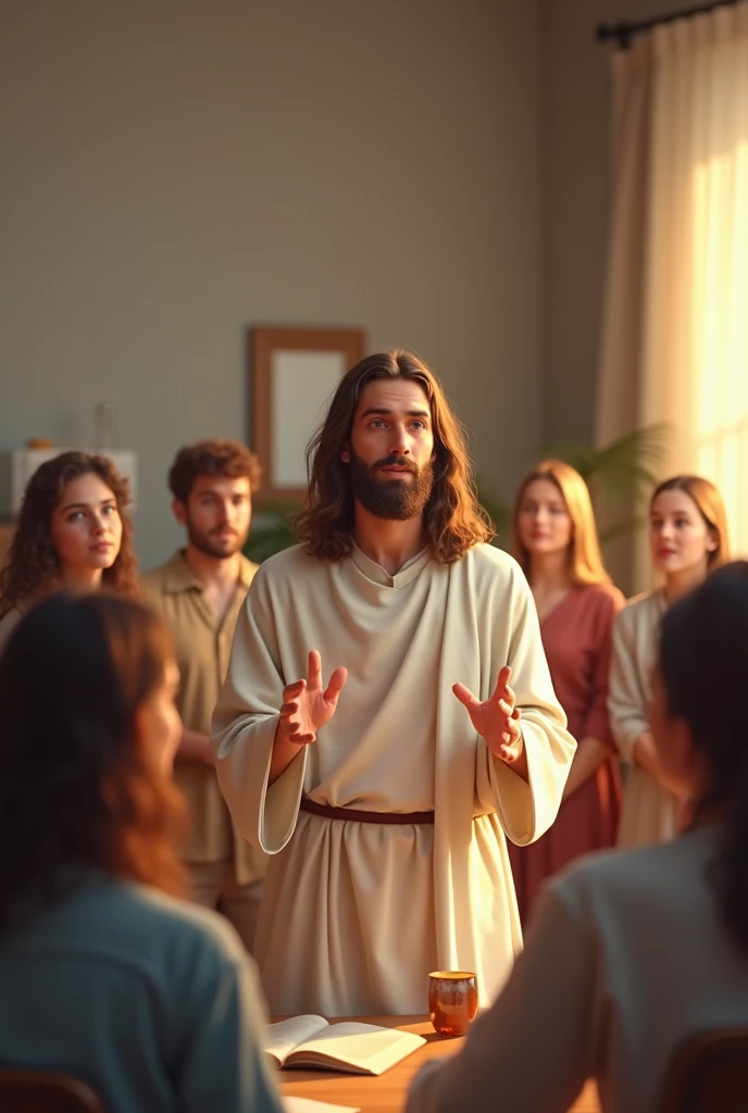 Christian Jesus with a tender and cheerful face ,  in a modern room teaching many adults the Bible