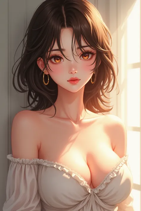 Anime Asian woman with fair skin shows off her big, round, beautiful breasts, short brown shoulder-length hair, brown eyes, wearing a Greek dress, beautiful face, cupids bow lips, facing forward.