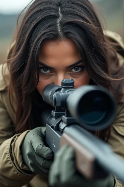 Brunette looks into the rifle sight 