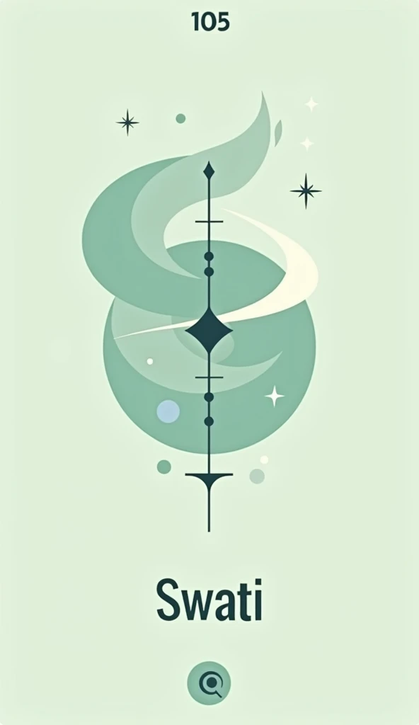 Create a minimalist, flat vector illustration representing the Vedic nakshatra Swati. The design should feature a geometric, abstract symbol of a flowing breeze or a wind vane, symbolizing Swati’s themes of independence, freedom, and adaptability. The bree...