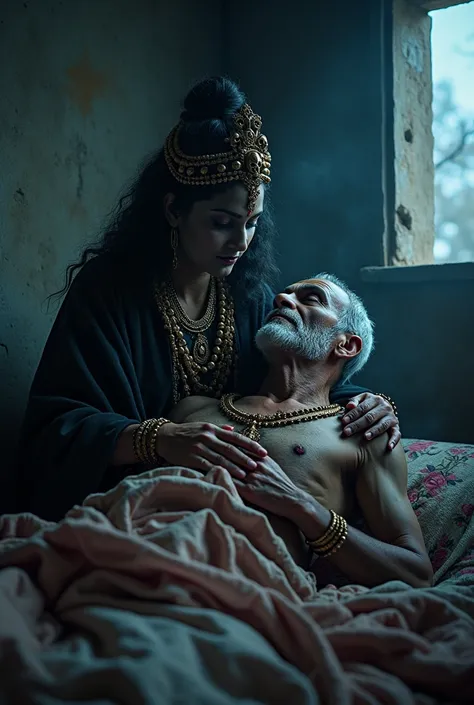 Indian god shivas wife kali goddess holding Trident in her hand come to console indian muslim old man  poor bed at night. Liplocking and cuddling hole night. Massaging her chest nipples