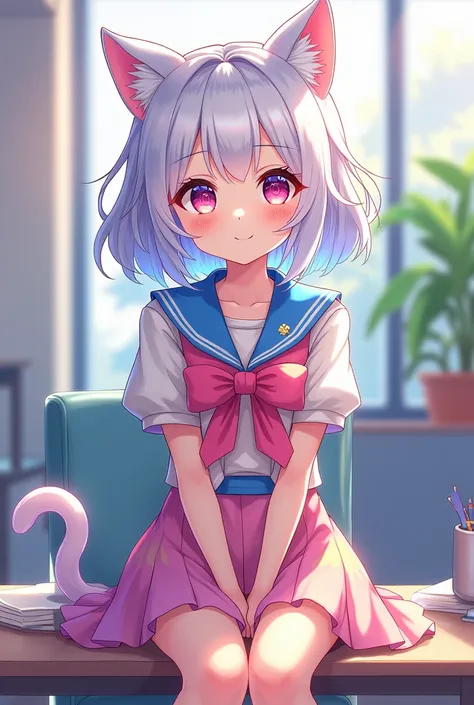 Colorful hair and colorful dress in anime ((cat-eared 1girl)),  school uniform pastel vivid, rossdraws cartoon vivid, anime style 4k, beautiful anime portrait, artgerm colorful!!!、! dream art germ, beautiful anime, cat ear 1girl, anime style digital art, a...