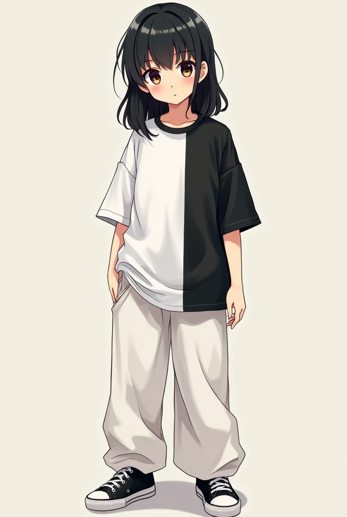 Create a cute anime character with wide white coat pants,  a white long sleeve t-shirt ,  with a wide black short sleeve t-shirt superimposed on the white, with a black high-top sneakers .  Very dark brown eyes and a black fringe covering part of her face ...