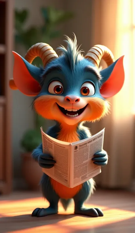 "3D cartoon style, highly detailed and expressive, a quirky anthropomorphic creature resembling a goat or imp, with dark blue and orange fur, big round eyes, and a goofy smile, holding a newspaper with visible text in its hands, the background a softly blu...