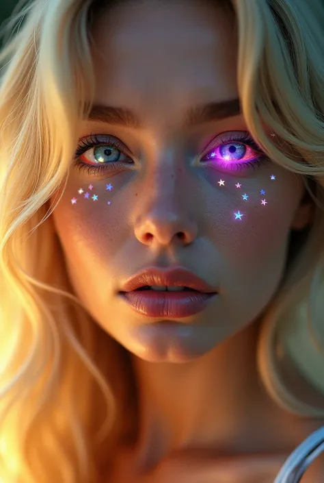  Close-up of an improved masterpiece:1.5)Cuba,  full body (Blond hair blue eyes: ( Colored stars in the eyes:1.0) (A radiant glow:1.1) ( Thick lips:0.9)