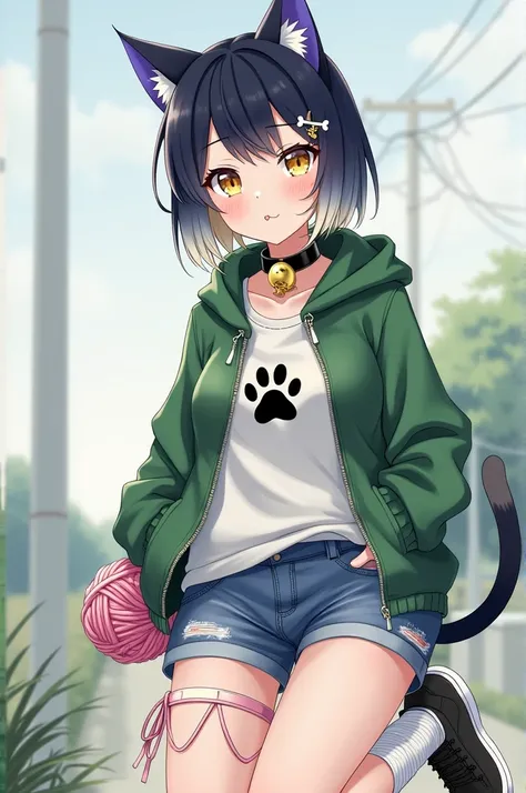 Anime cat girl with indigo short hair with light blonde underneath, indigo cat ears with light blonde tips, yellow eyes with slit pupils, indigo fade to light blonde cat tail, fangs, fish bones hair clip, black large collar with gold bell and key, green ov...