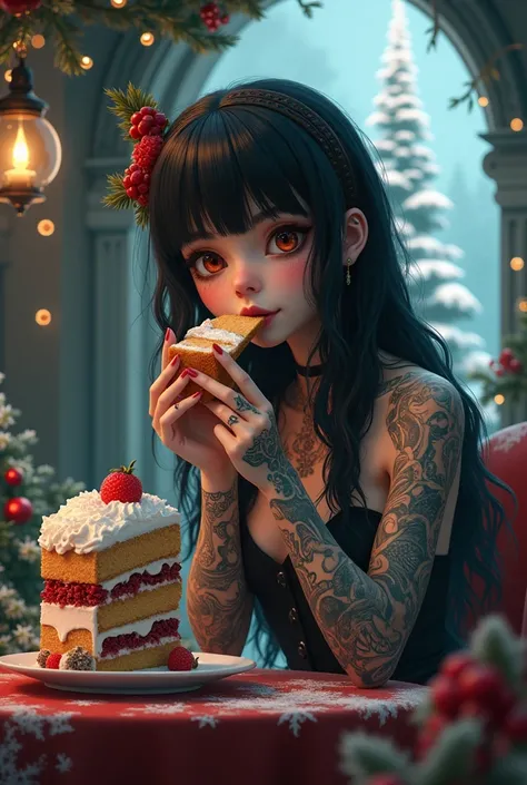 Black-haired Alice in Wonderland, tattooed,  eating cake , Christmas mood 