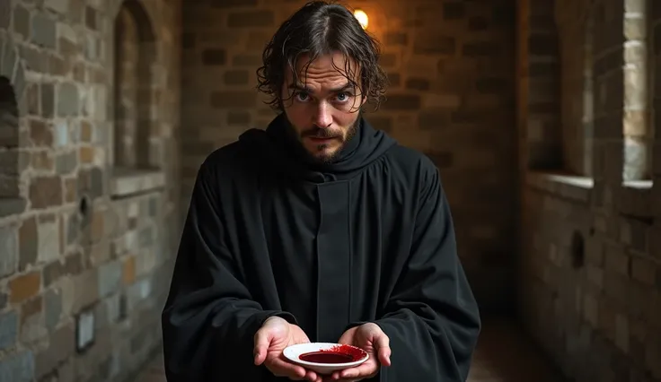 Play a 13th century priest .  He is approximately 20 years old ,  and is walking in a church with a very frightened face.  On his hands he carries a small white circle ,  who is stained with a red liquid : blood!