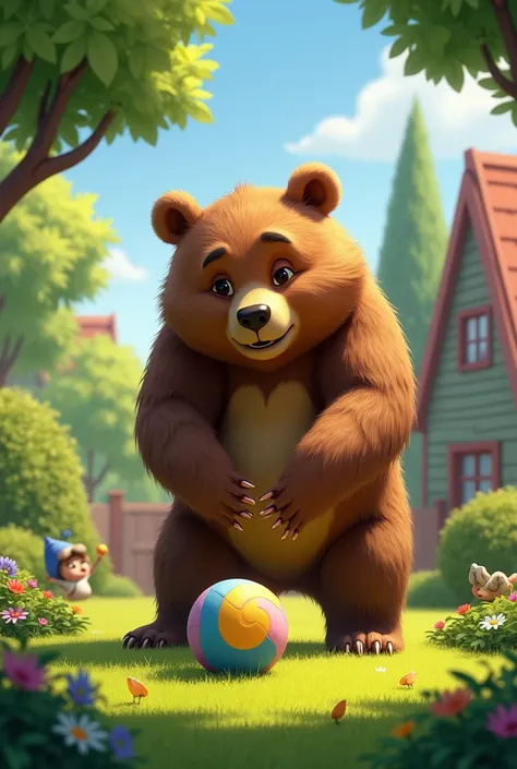 Create a bear ,  that plays a ball in the yard 