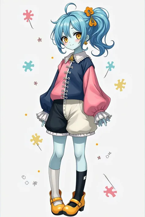 Anime girl with pale blue skin, indigo and white high thick right side bun with lopsided bangs, silver push pins with orange and yellow tips and gold key in bun, silver sewing needle left earring, yellow eyes, pink dark blue and yellow puzzle piece patchwo...