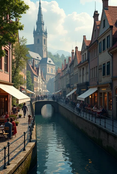 European city ,  the end of the river in the city , city canal ,  transition to the sewer