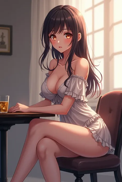 Anime girl sitting at the table with her legs spread and who is half naked