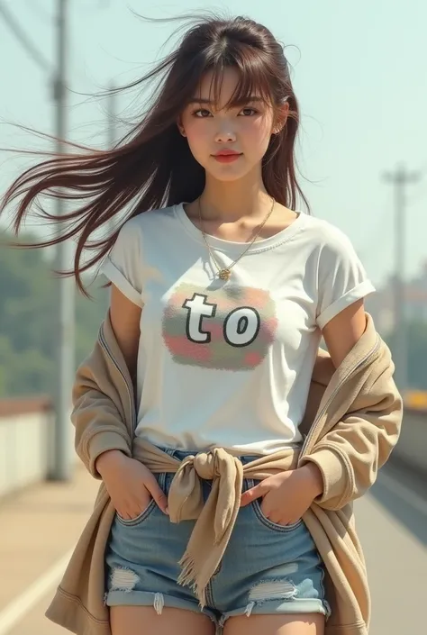  Slightly fat 25-year-old beautiful Asian woman with long brown straight hair blown by the wind tied backwards,  necklaced letter  "To", white t-shirt picture  🤣, jacket tied at the waist ,  Shorts , shoed noke 