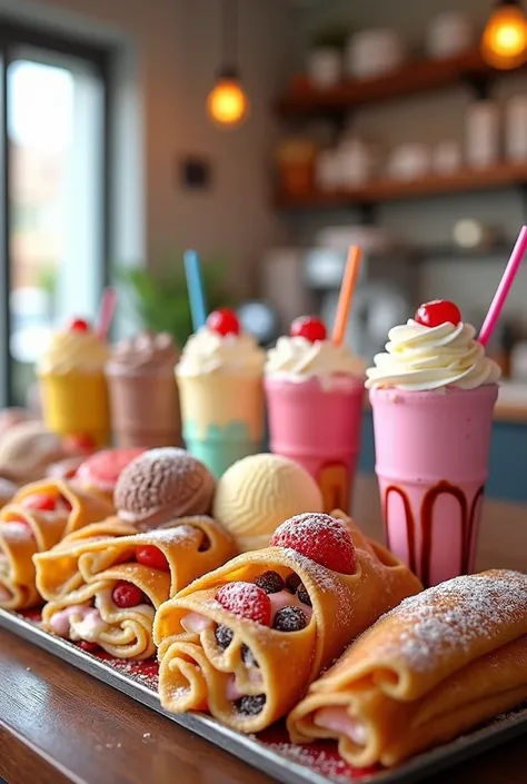 Variety of ice creams, crepes, waffles, milkshakes, 