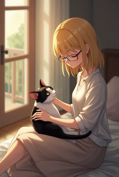 A blonde hair girl with thin glasses petting her black and white cat