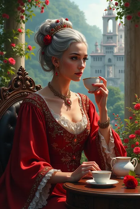 Gray Hair Woman, Gray Eyes, Royalty, Red Dress, Red Jewelry, Red Earrings, Lunar, Nobility, Noblewoman, High Quality, Highly Detailed, Detailed Face, Masterpiece, Castle, Drinking Tea, Garden, Flowers, Lights