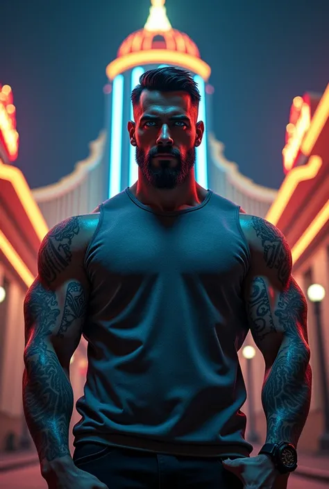 male, dominant and dark charisma, muscular, blue eyes, tattoos, wairs a grey pullover stands in front of a Casiono at night.
