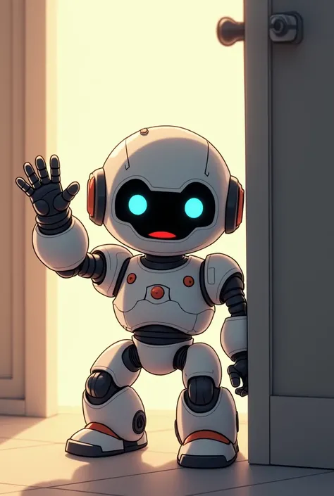 Chibi robot leaving the screen raising his hand in front quality, 8K,  extremely detailed ,  anime style
