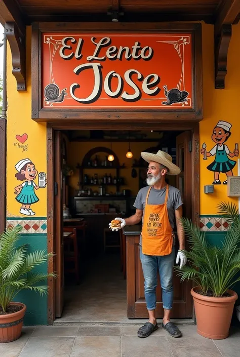 Imagine a fast food business called “El Lento José” with a sign on one side highlighting that the delivery time for orders is 2 days with all the texts in Latin Spanish