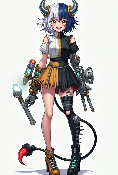 Anime girl with white right half and indigo left half hair with half up half down pigtails, light bulb right devil horn with red coil and silver screw left devil horn, yellow eyes, sharp teeth, silver devil tail with glowing red coil wrapped around, white ...