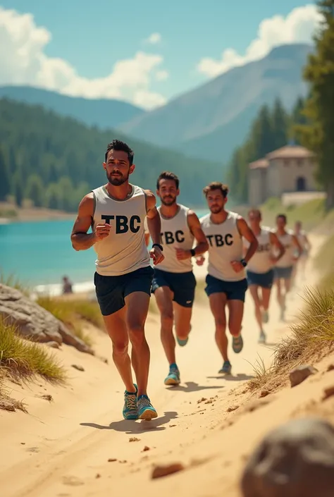 Des coureurs avec des tee-shirts où dessus il est écrit les lettres TBC
Ils courent dans du sable près dun lac, dune forêt et tout au loin on voit les un petit chateau