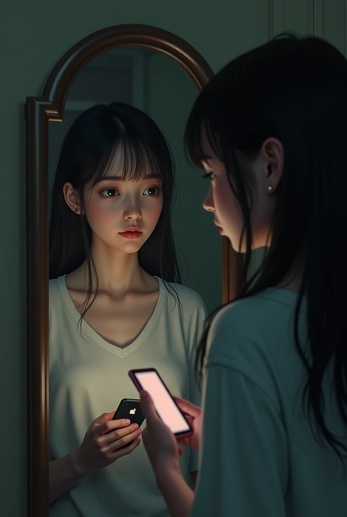 A closed girl is looking at a photographer with her phone in her hand in the mirror